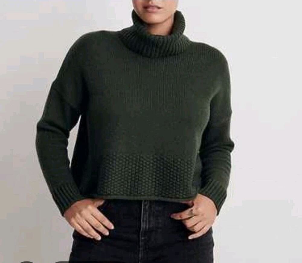 Madewell Sadler Turtleneck Sweater Size S Deep Forest Green Merino Blend Cropped